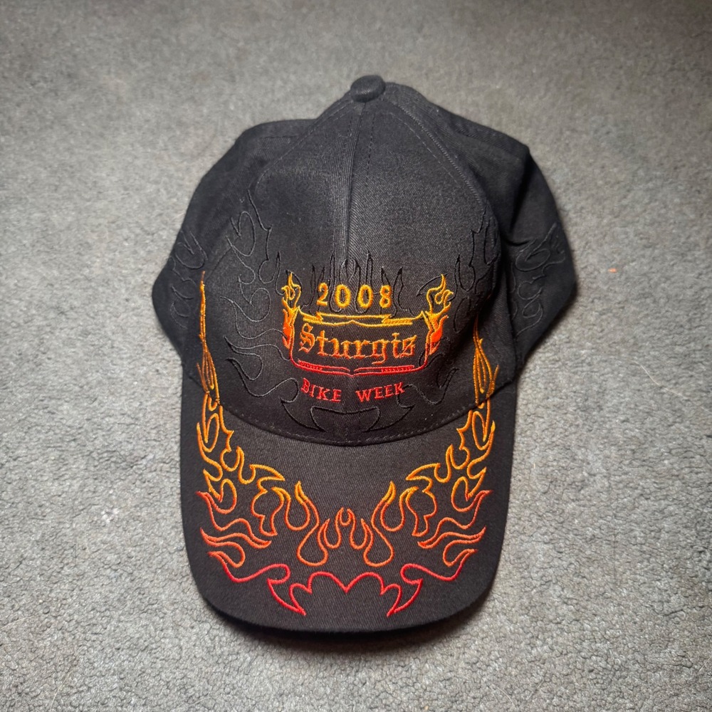 USA Biker Design Sturgis 2008 South Dakota Bike Week Flame Embroidered Hat Black
